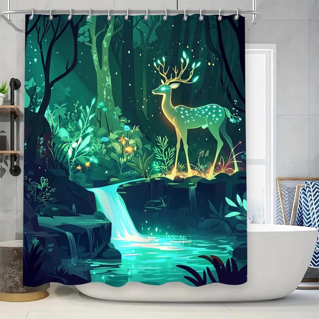 4pcs Enchanting Forest Deer High Quality Shower Curtain and Non-Slip Bath Mat Set - Elegant and Stylish Bathroom Decor Exqu