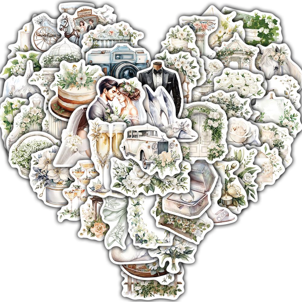50PCS Vintage Flower White Wedding Stickers Graffiti PET Retro Coffee Art Bicycle Graffiti Laptop Phone Scrapbook Decals