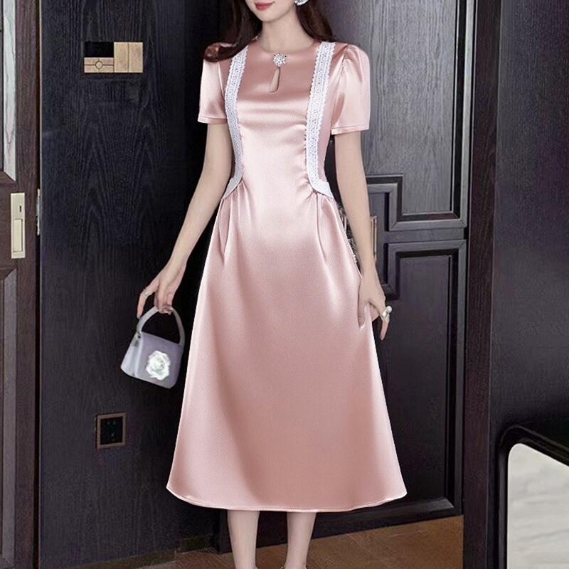 ZANZEA Women Elegant Lace Splice Casual Short Sleeve Satin Dress 5XL