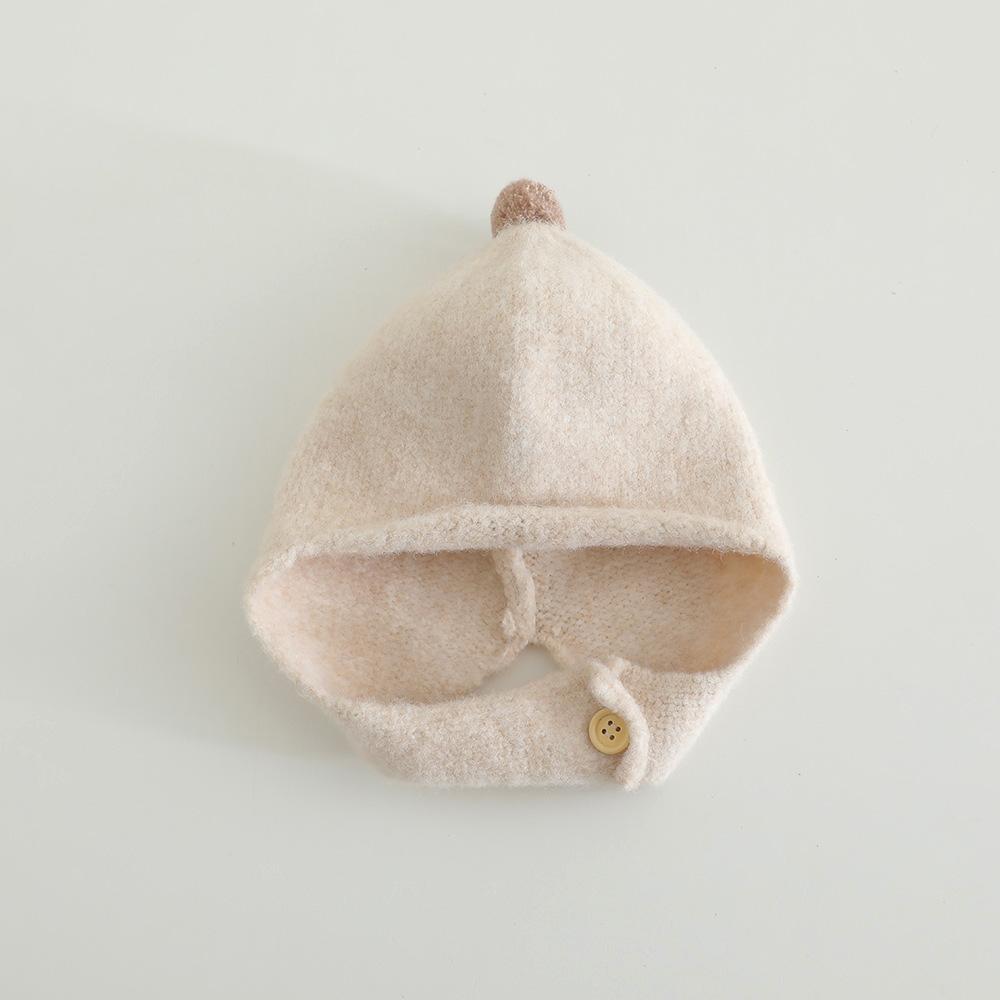 

Однотонная шапка с помпоном для малышей, осенне-зимняя вязаная шапка-бини с ушками, ветрозащитная, теплая, для малышей мальчиков и девочек, шапка для защиты ушей бежевый