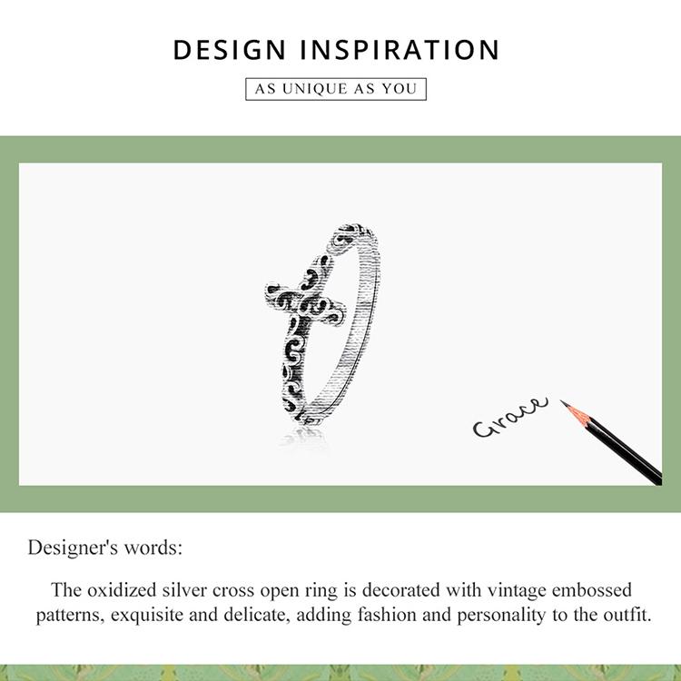 Bamoer Vintage Cross Open Ring 925 Sterling Sliver Embossed Patterns Finger Adjustable Size 5-9 Rings For Party Jewelry