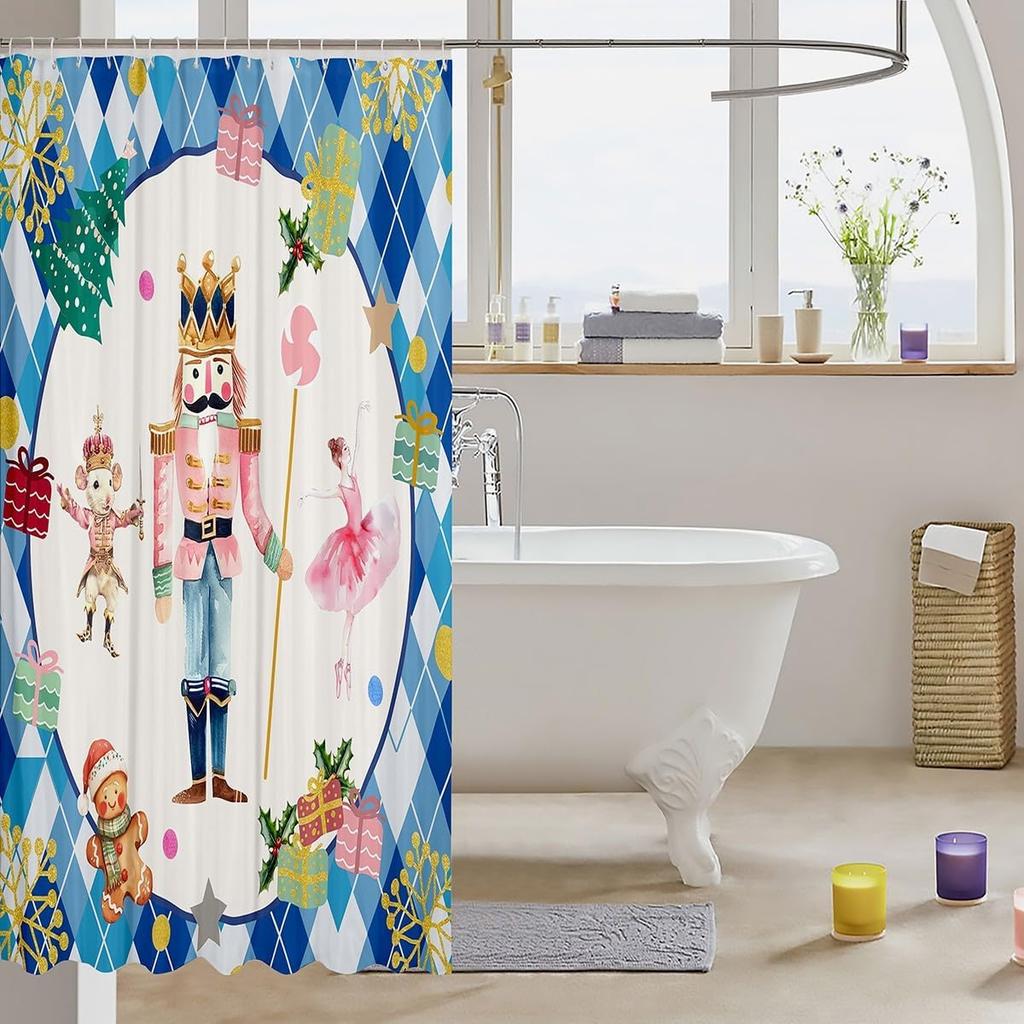 Vintage Farmhouse Christmas Diamond Shower Curtain With Cute Nutcracker Design, Waterproof Xmas Gift Bathroom Decor For Holiday