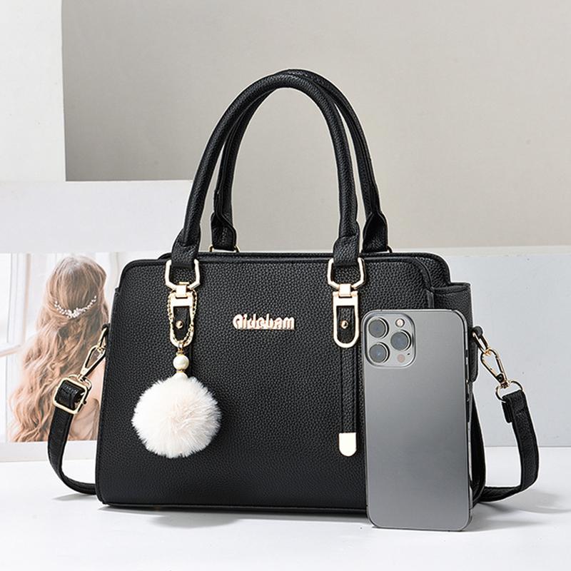 2 Stück Neue Handtasche mit großem Fassungsvermögen PU Wasserdichtes Mehrfach-Reißverschlussfach Schultertasche Temperament Pendler Vielseitig Pompon-Anhänger Umhängetasche