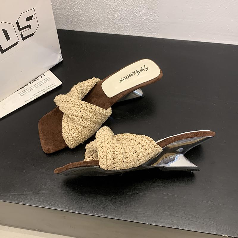 Fashion Weave Mid Heels Women Slippers New Fashion Casual Wedges Shoes 2025 Summer Elegant Sandals Cozy Pumps Dress Sandalias De Mujer
