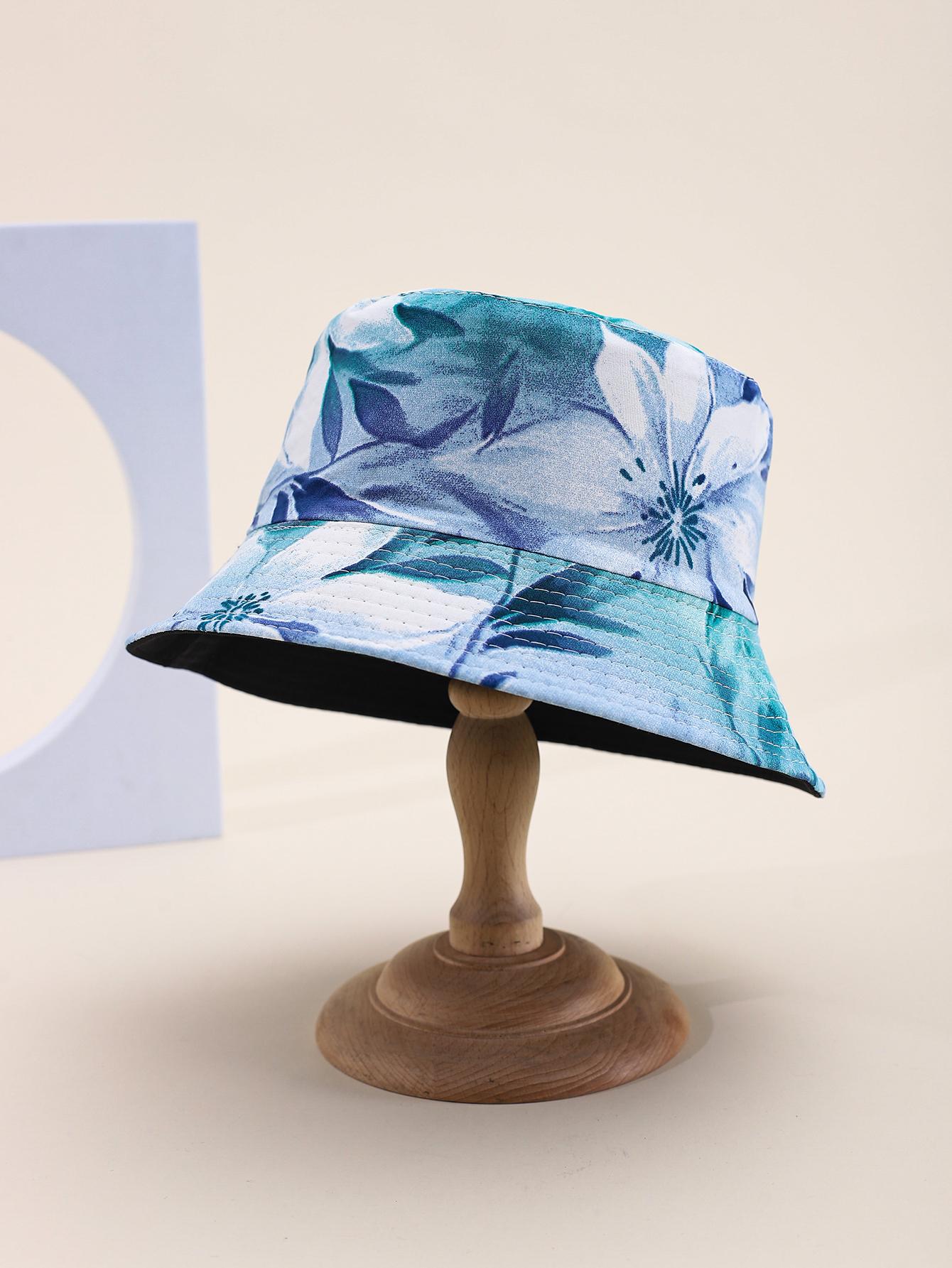 

Women s Summer Bucket Hat Floral Pattern Sun Hat UV Protection Wide Brim Casual Fashion Accessory 56-58cm синий