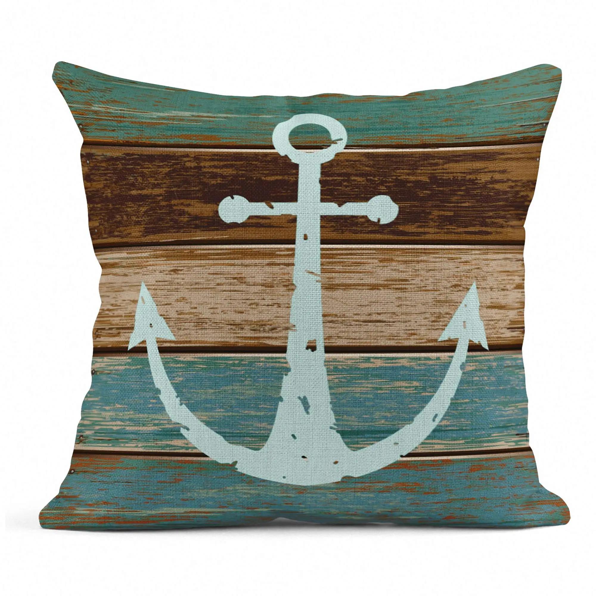 

Wood grain marine anchor cyan linen pillowcase sofa cushion cover home decoration can be customized for you 40x40 45x45 30x30CM(12x12in)