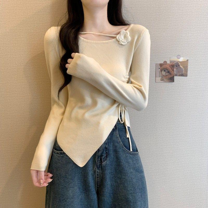 women floral applique ruched knit top square neck long sleeve form fitting casual solid color asymmetrical hem blouse