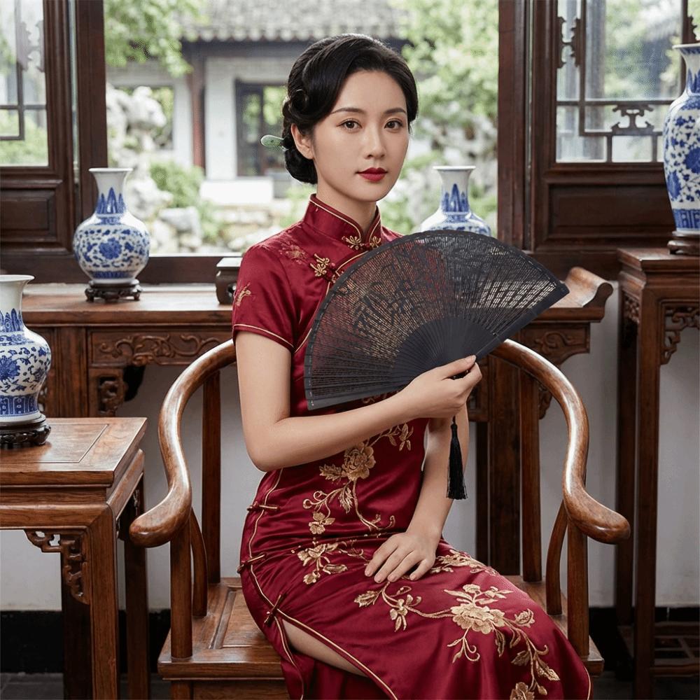 Portable Hollowed-Out Folding Fan Classical with Tassel Chinese Style Bamboo Fan Vintage Decorative Handheld Fan Dancing Use