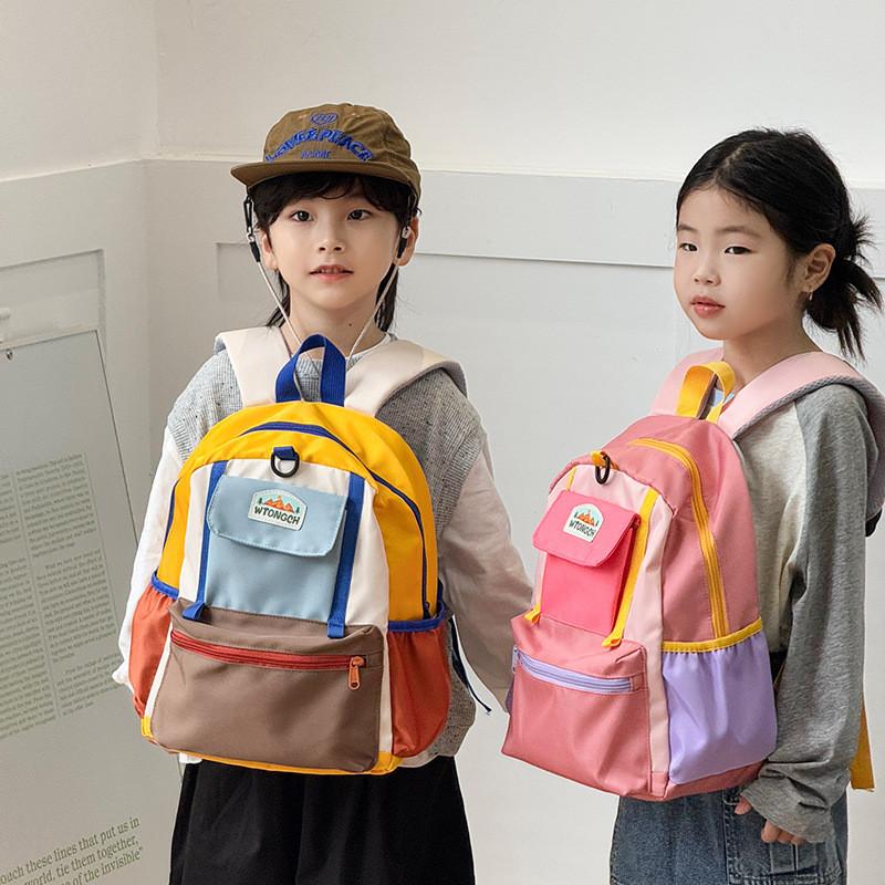 Kids Color Blocking Casual Backpack With Contrasting Stitching School Travel Use