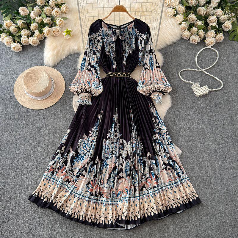 French Style Fancy Palace Style Print Dress Women's Autumn and Winter Lantern Sleeve Stylish Small Super Fairy Long Dress