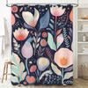 Chic Floral Shower Curtain Set Bold Navy Blue Soft Pastel Decorative Bath Fabric for Bathroom Modern Print Curtains with Hook Ri