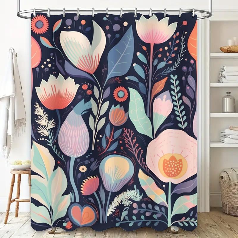 Chic Floral Shower Curtain Set Bold Navy Blue Soft Pastel Decorative Bath Fabric for Bathroom Modern Print Curtains with Hook Ri
