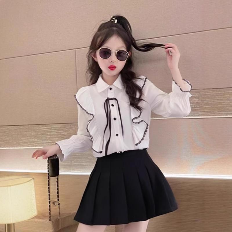 Dívčí košile s dlouhým rukávem Jaro Podzim Šifonové Bílé Tričko Knoflíkový Kardigan Klopový T-shirt pro Studentskou Uniformu Topy