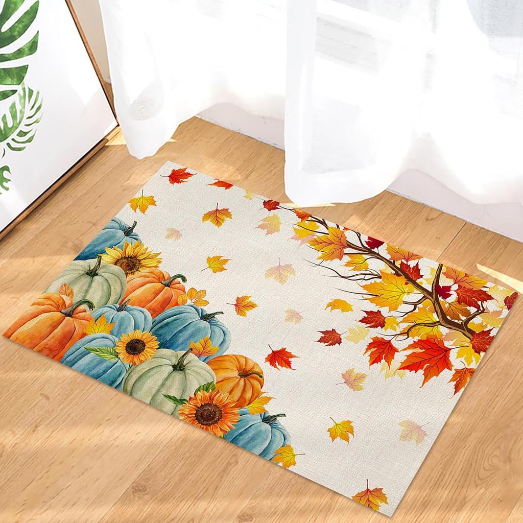 Fall Thanksgiving Pumpkin Sunflower Maple Leaf Welcome Doormat Entrance Non-slip Floormat Balcony Hallway Bath Rug Autumn Decor