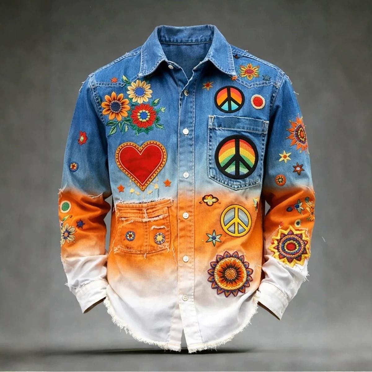 Langarmshirt im Hippie-Stil mit Stickerei, Aufnähern & Used-Details L gray