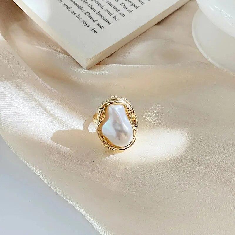 Exquisite Irregular Pearl Ring Korea Gold Color Metal Adjustable Ring For Woman Ins Minist Style Jewelry Girl Gift
