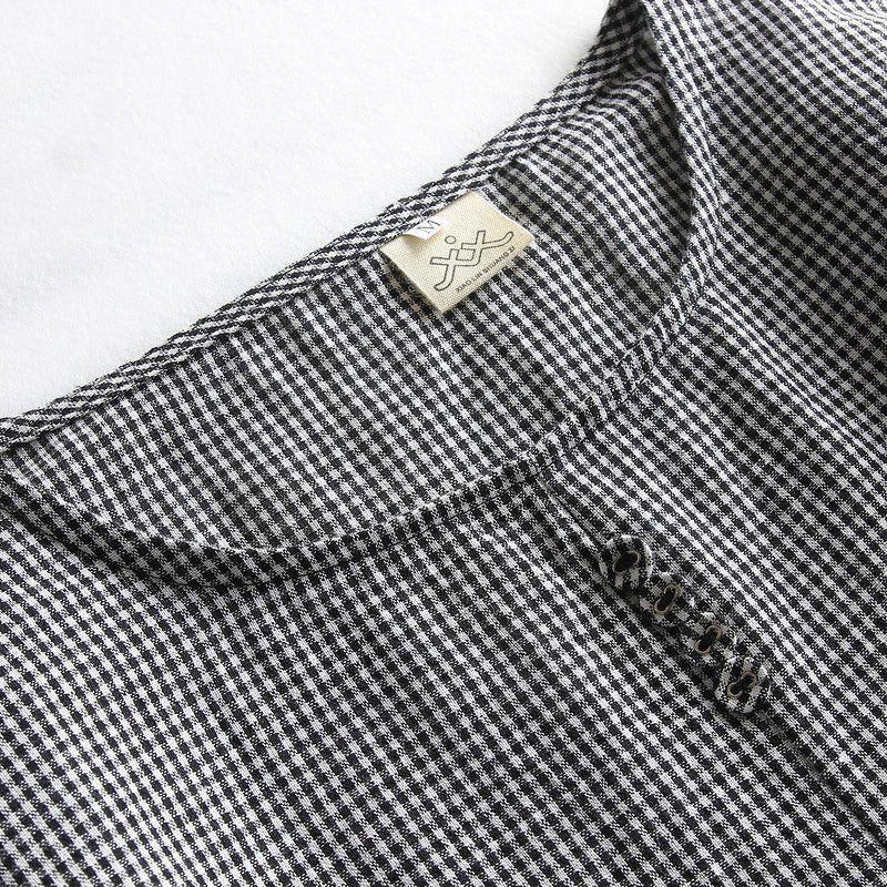Cotton and Linen Black and White Small Plaid Long Knee Dress Women's Short-sleeved Literary Loose and Thin Skirt Retro Small Check Soft Cotton Dress