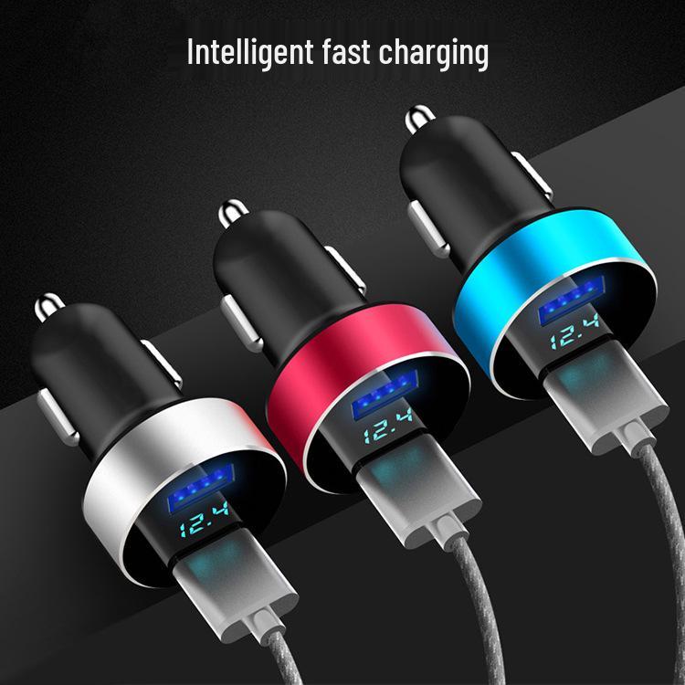 2.4V Dual USB Car Charger with Digital Display & One-to-Two Cigarette Lighter Adapter for Fast Mobile Phone Charging