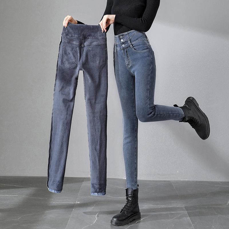 Jean taille haute pour femme, pantalon épais et moulant, en denim, chaud, pour l'hiver