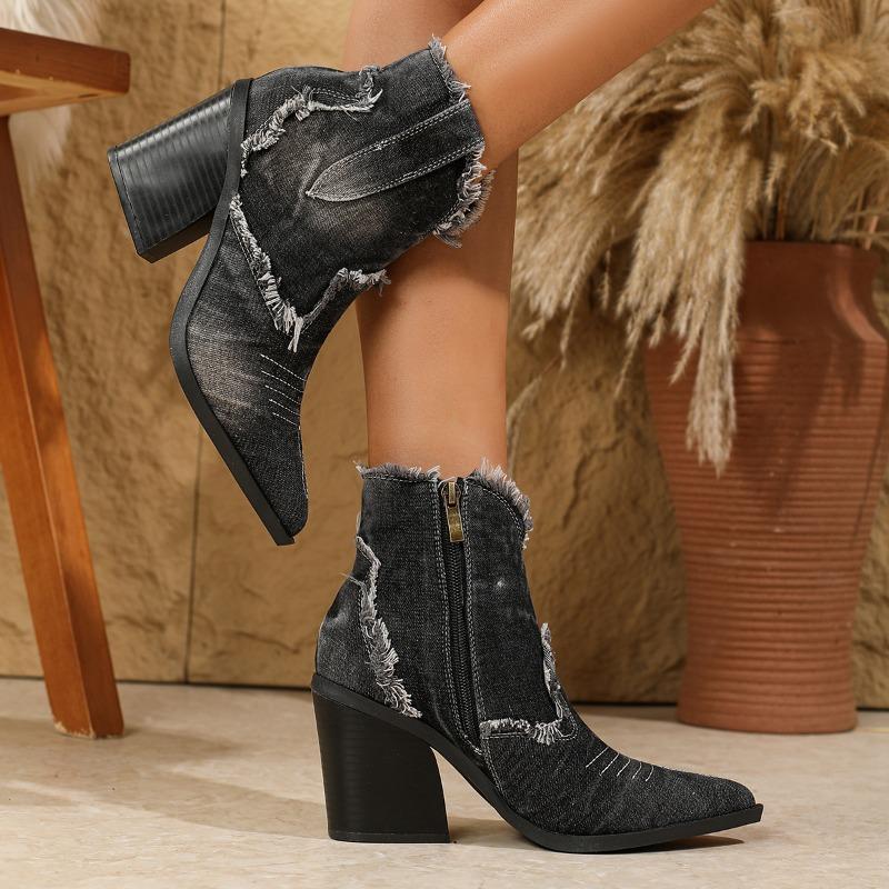 Fashion Denim Short Boots Female Shoes Fashion Side Zipper Pointed Toe Chunk Heels Booties Mujer Western Cowboy Boots Botas De Mujer