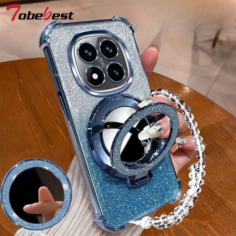 Shockproof Glitter Plating Case For Xiaomi Redmi 14C Note 14 Pro 4G 5G Crystal Bracelet Mirror Magnetic Holder Stand Soft Cover