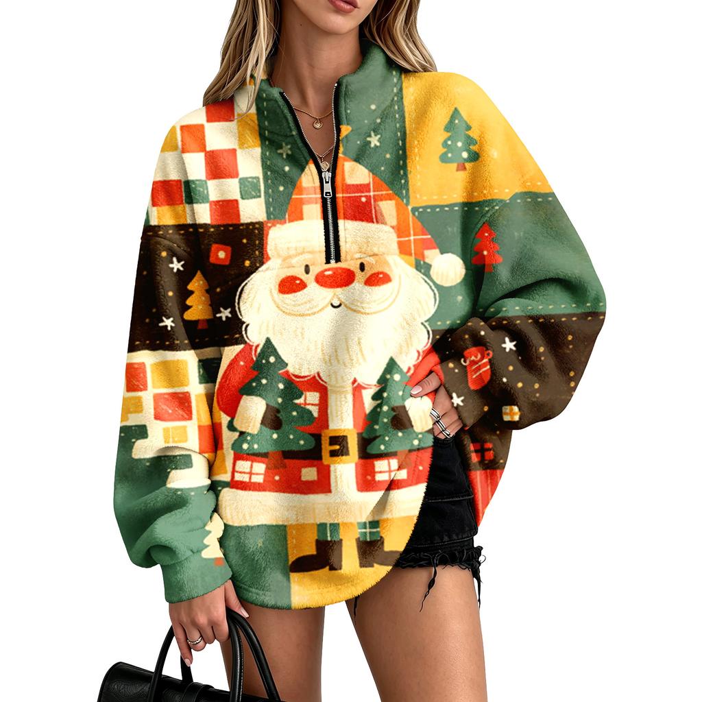 Women's Christmas Print Flannel Quarter-Zip Pullover Sweatshirt with No Pockets for Holiday Casual Wear