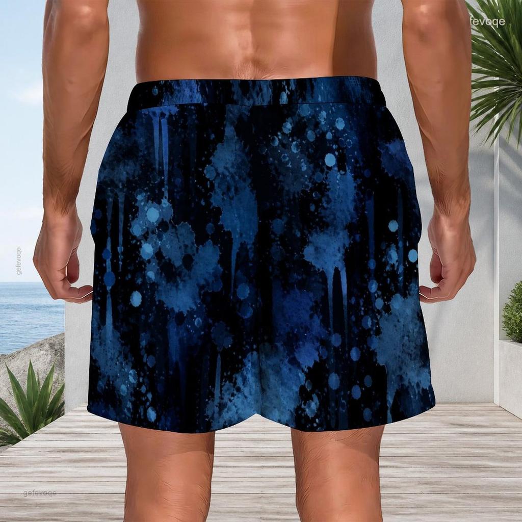 Men s Blue Ink Splatter Print Beach Shorts Quick Dry Drawstring Casual Shorts With Pockets For Summer Swimming Surfing