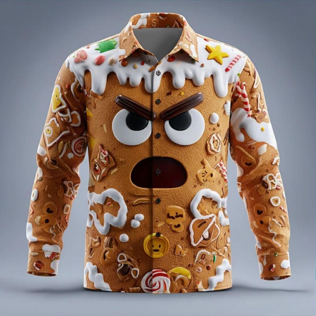 Men Fashion Long Sleeve Shirt Cartoon Gingerbread Candy Cane Graphic Print Holiday Gathering Festival Top