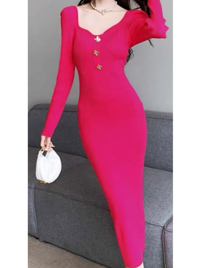 Women's Mid-Length Slim French Retro Knit Square Collar Sweater Dress for Autumn/Winter