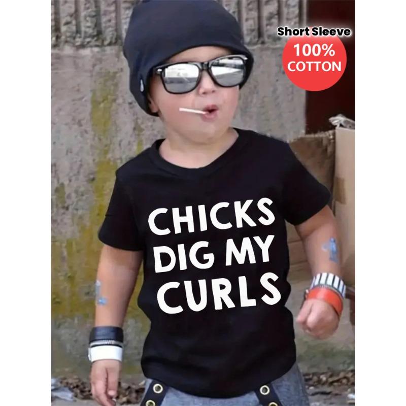 European sizes ChildrenBoys  T-shirts Chicks Dig My Curls Print  Short Sleeve T-shirt 98cm чёрный