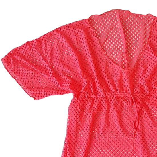 Cover Up, Drawstring Breathable Mesh Fabric, Swimsuit Short Sleeve Side Slit Design, Beach Dress for Summer Beach