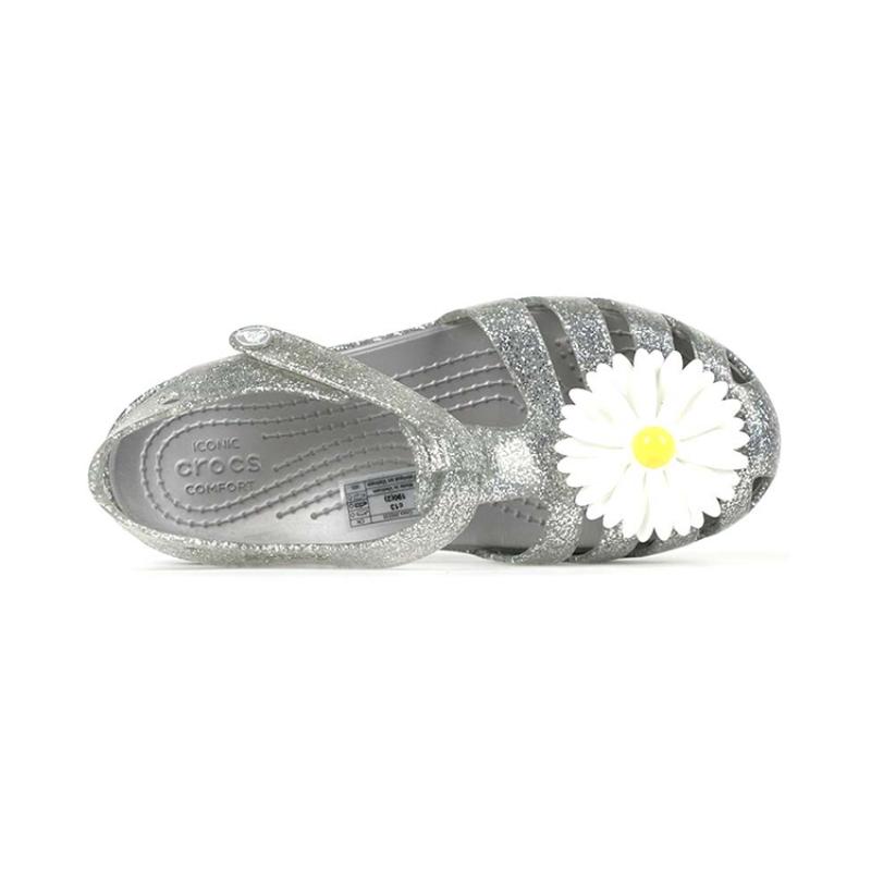 Crocs Isabella Charm Velcro Minimalist Casual Shiny Sandals Silver Kids