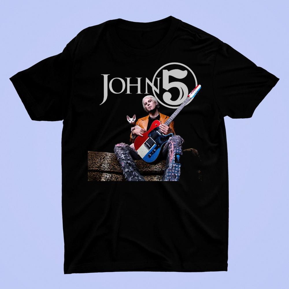 Rare John 5 And Cat Funny Short Sleeve Black All Size Gift Shirt Unisex T-Shirt S