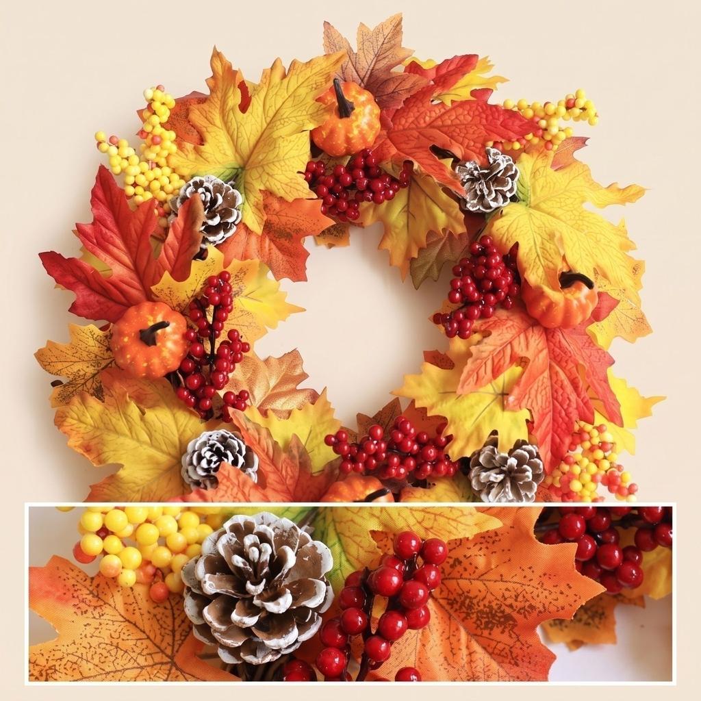 Fall Maple Leaf Wreath with Berries for Thanksgiving Halloween Christmas Rustic Home Decor