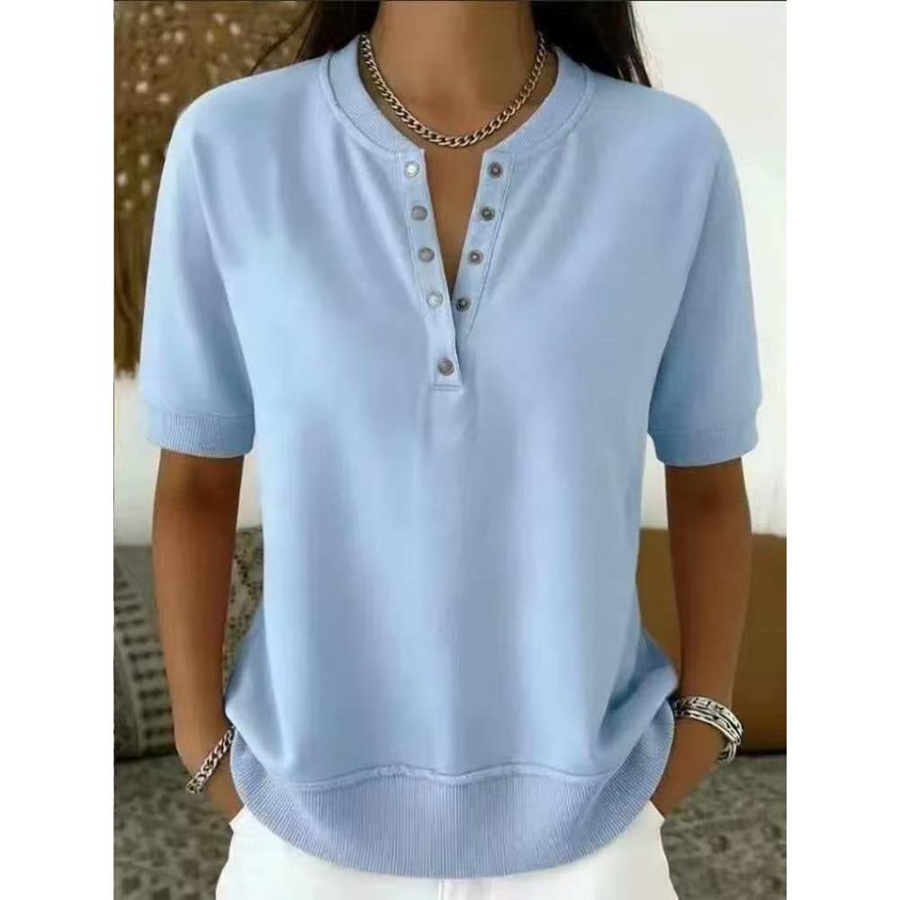 Women's Henley V Neck Partial Button Short Sleeve Solid Color Casual T Shirt Loose Daily Basic Blouse