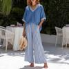 Summer Two Piece Outfit for Women Striped Short Sleeve V Neck Top And Wide Leg Pants Set with Pockets Casual Vacation Lounge Sets