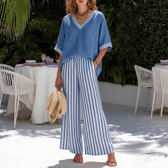 Summer Two Piece Outfit for Women Striped Short Sleeve V Neck Top And Wide Leg Pants Set with Pockets Casual Vacation Lounge Sets