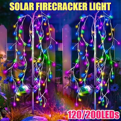 8 Lighting Modes Solar Firecracker Fireworks Lawn Lamp - Outdoor Waterproof 100 LED Copper Wire String Lights for Camping Decor