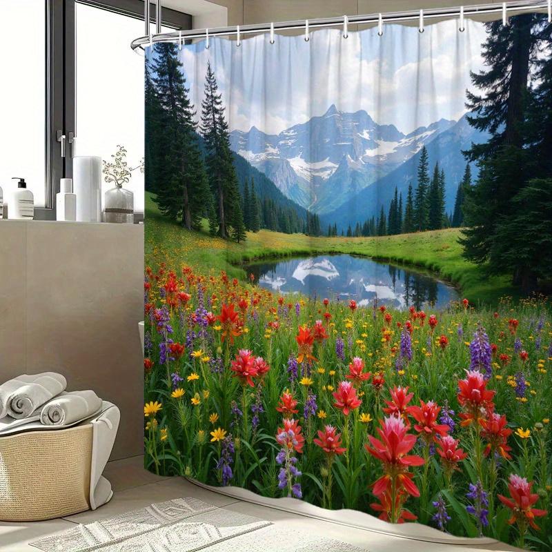 1pc Shower Curtain - Idyllic Alpine Landscape with a Serene Lake and Vibrant Wildflowers, Perfect for Bathroom Decoration