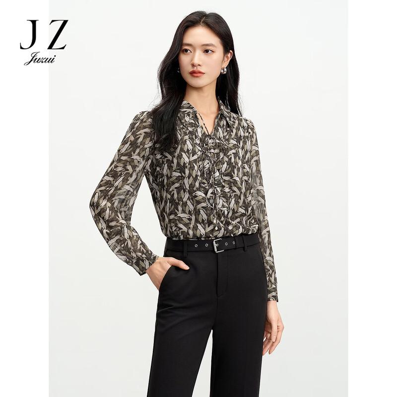 JUZUI Elegant Tie-Collar Geometric Print Chiffon Blouse XL