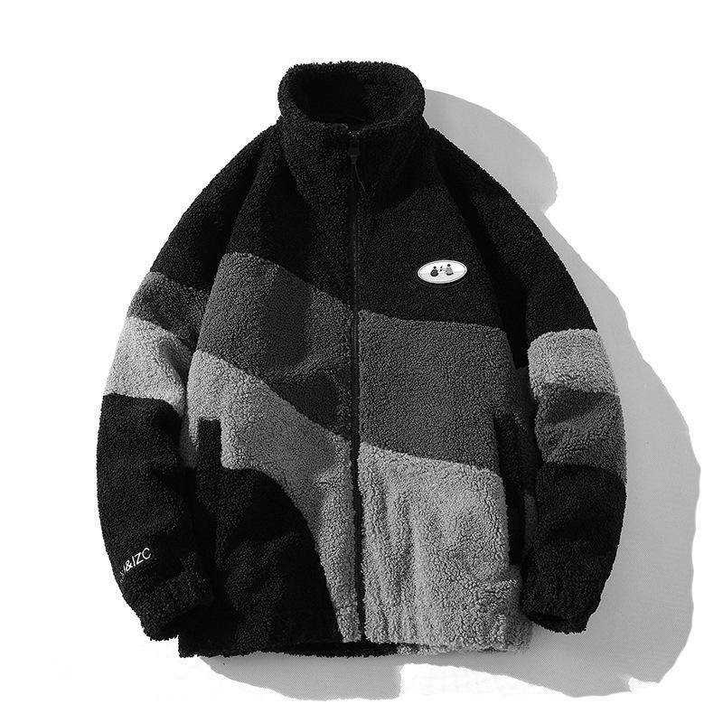 Autumn and Winter Lamb Wool Jacket for Male Couples, Lamb Wool Stand Up Collar Jacket, Color Blocked Versatile Top