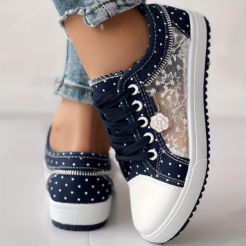 Women's Floral Mesh & Synthetic Cover Casual Sneakers - Breathable Low-Top Lace-Up Round-Toe Spring Shoes with PU Sole for Casual Attire