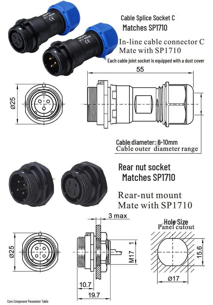 Weipu SP17 Series 2-9 Pin IP68 Waterproof Aviation Plug Connector