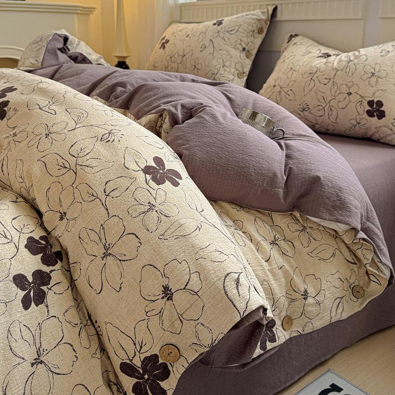 Pure Cotton Vintage Floral 4 Piece Bedding Set Button Style All Cotton Bed Sheet Fitted Sheet Cover A Class Bed Linens