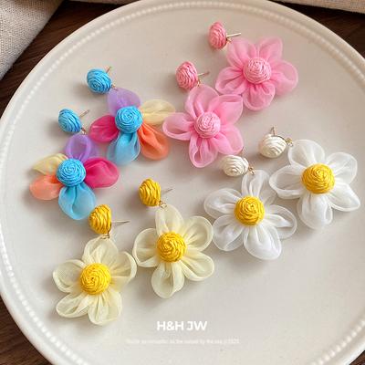 Silver Needle Raffia Chiffon Flower Pendant Earrings Fresh and Sweet Vacation Style Earrings Niche High-end Earrings Women