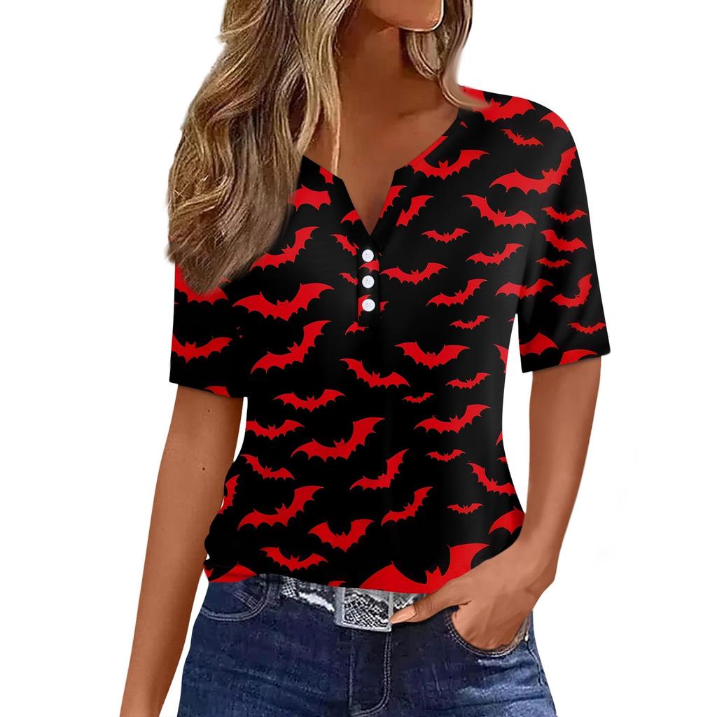 Women's T Shirt Halloween Print Button Short Sleeve Daily Weekend Fashion Basic V- Neck Regular Top