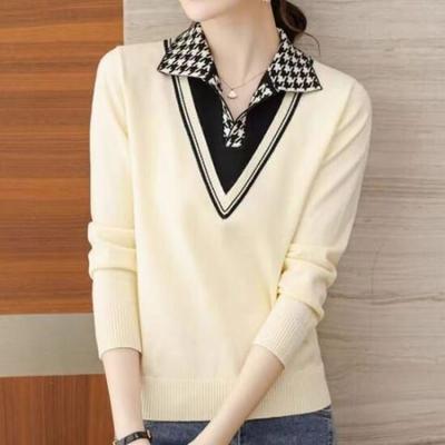 Navava Women Check Collar Long Sleeve Knit Top Nk2801