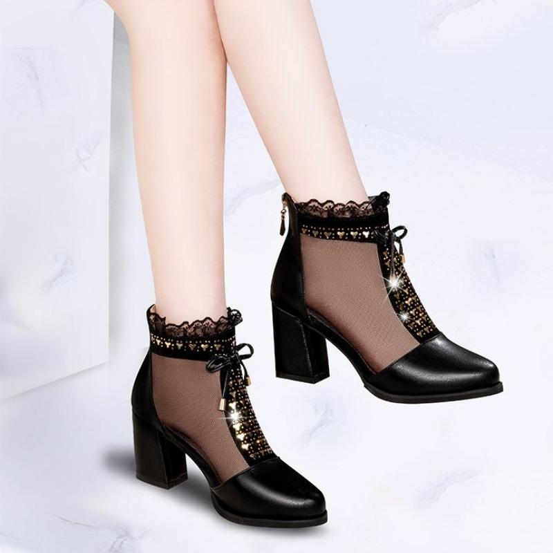 2026 Elegant High Heels Mesh Bow Summer Shoes High Heel Women Sandals Fish Mouth Black Leather Sandal Ankle Boots Luxury Fashion
