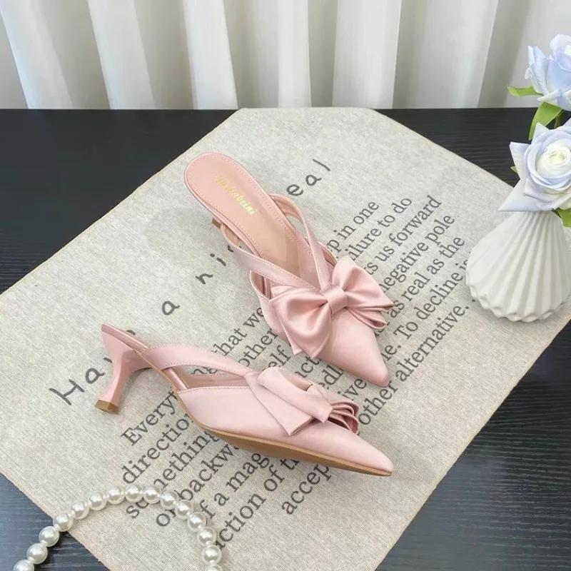 Fairy Style Pink Cool Slippers for Women's Summer  French Pointed Bow Hollow High Heels, Half Wrapped Women's Slippers