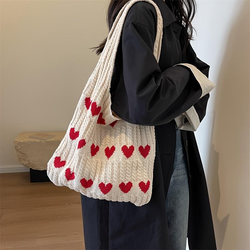 Valentine's Day Single Shoulder Tote Bag, Large Capacity Color-Block Heart Knit Casual Hobo Beach Bag for Women,Vacation, and Daily Use